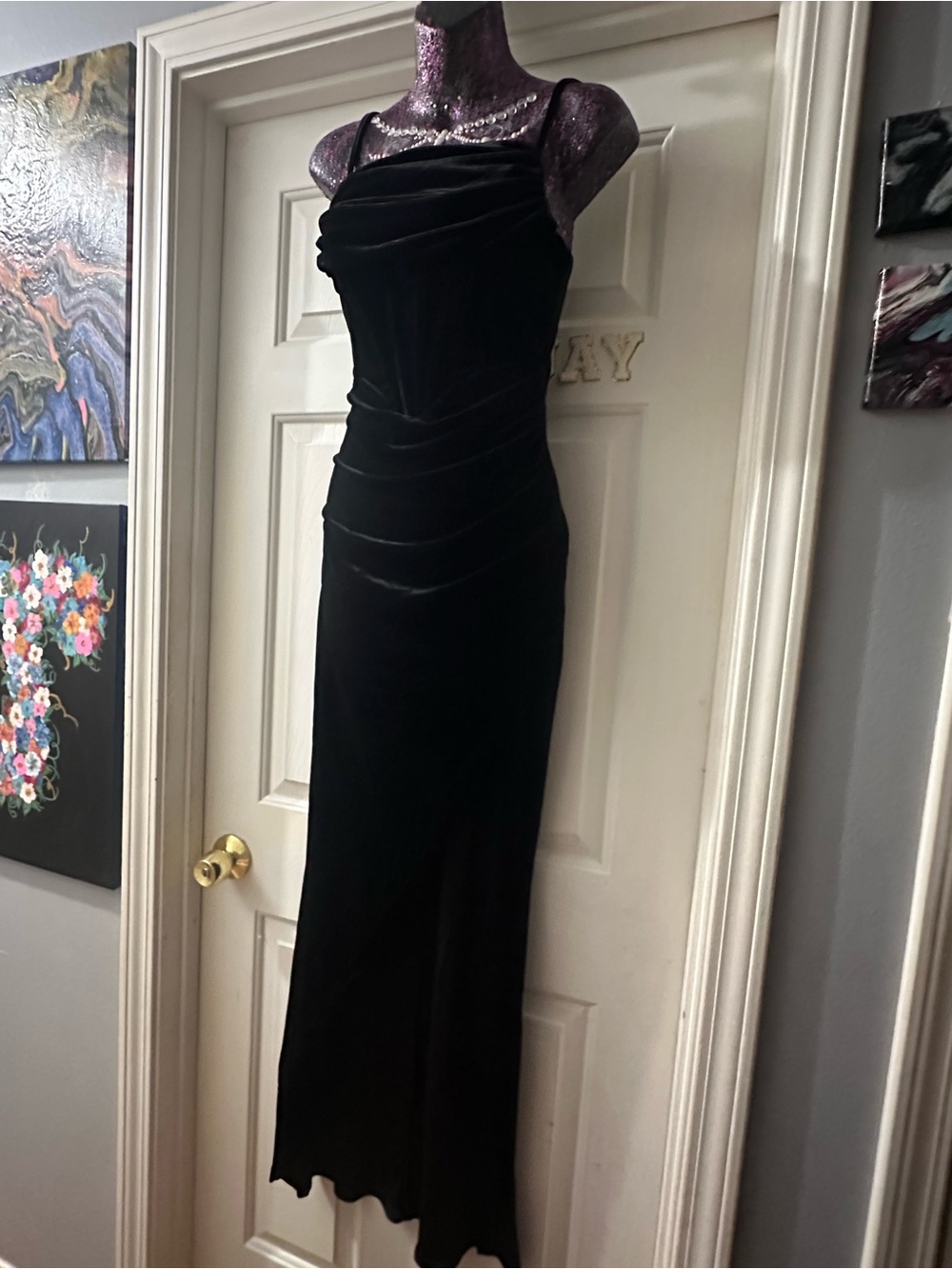 Black Velvet Maxi Dress with Draped Bodice